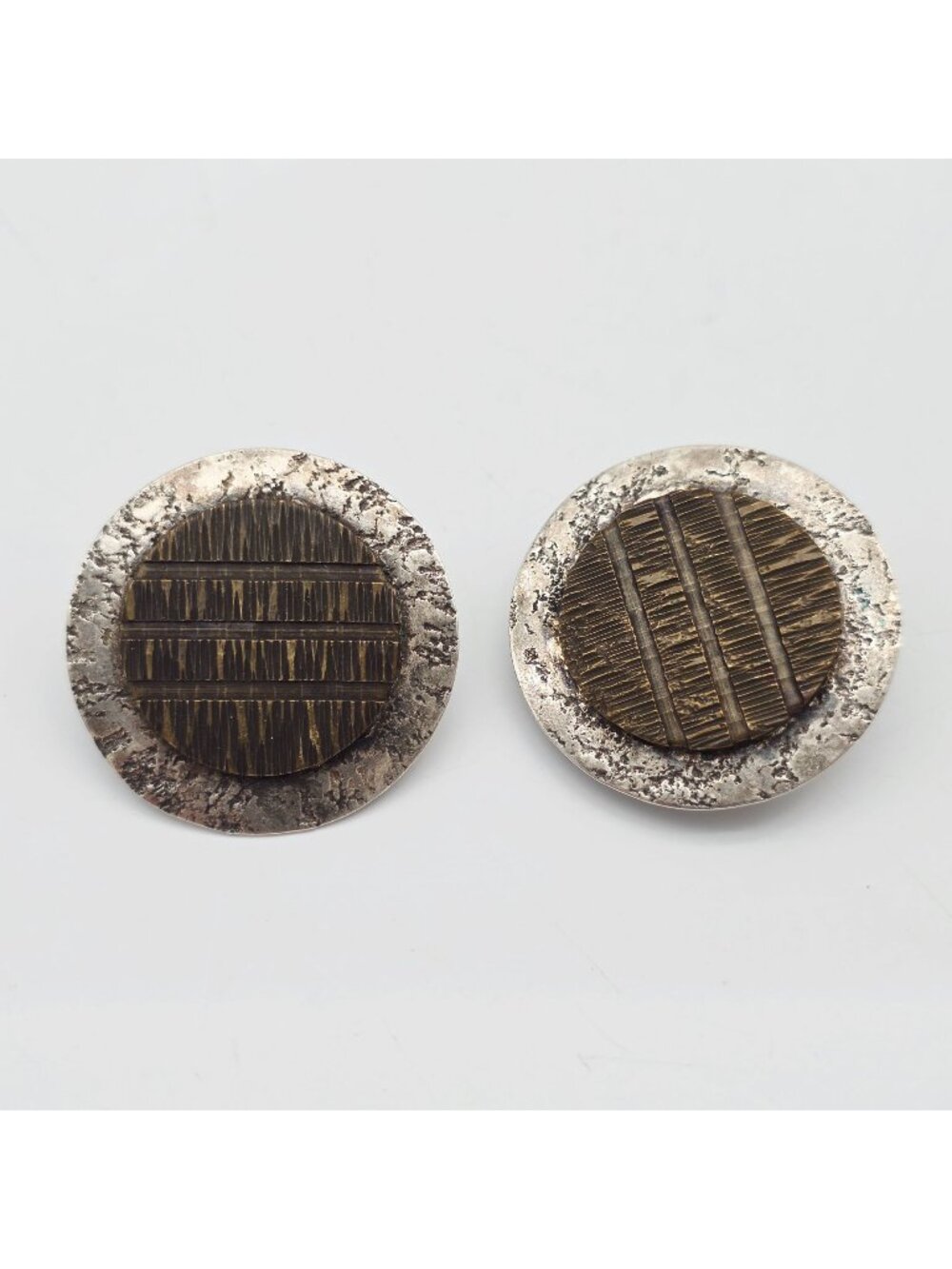Vintage Marjorie Baer SF Mixed Metal Clip-On Earrings Textured Round 1.25"